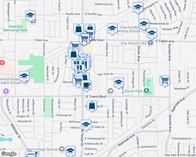 map of restaurants, bars, coffee shops, grocery stores, and more near 1666 Glenmore Drive in Fairfield