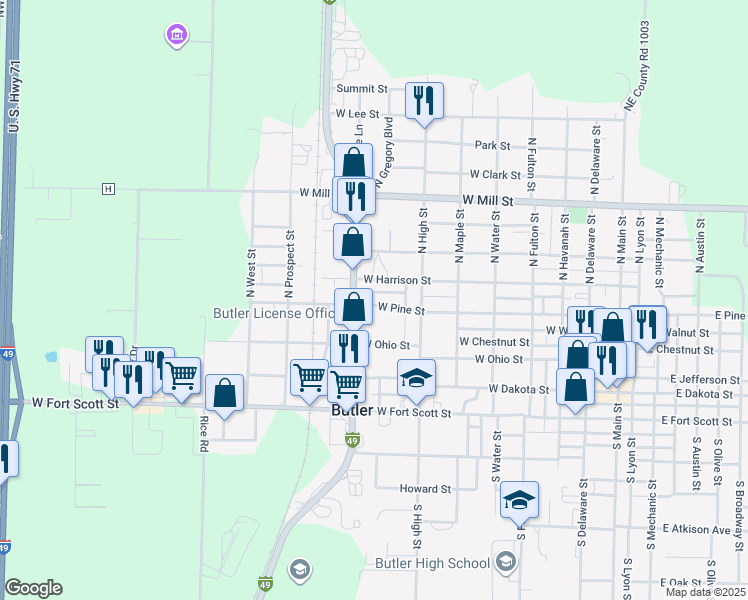 map of restaurants, bars, coffee shops, grocery stores, and more near 622 West Pine Street in Butler