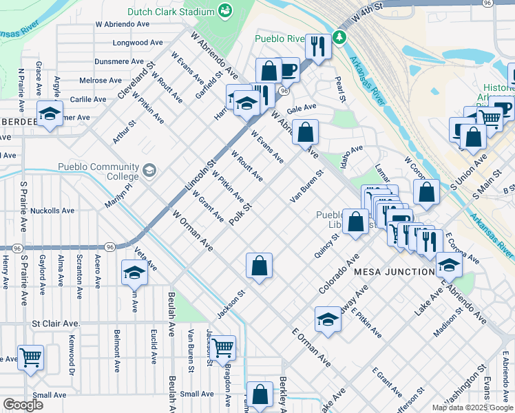 map of restaurants, bars, coffee shops, grocery stores, and more near 423 West Pitkin Avenue in Pueblo