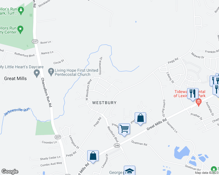 map of restaurants, bars, coffee shops, grocery stores, and more near 46107 Saltmarsh Drive in Lexington Park