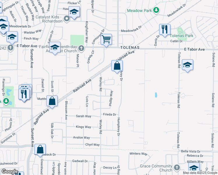 map of restaurants, bars, coffee shops, grocery stores, and more near 1337 Phillip Way in Suisun City
