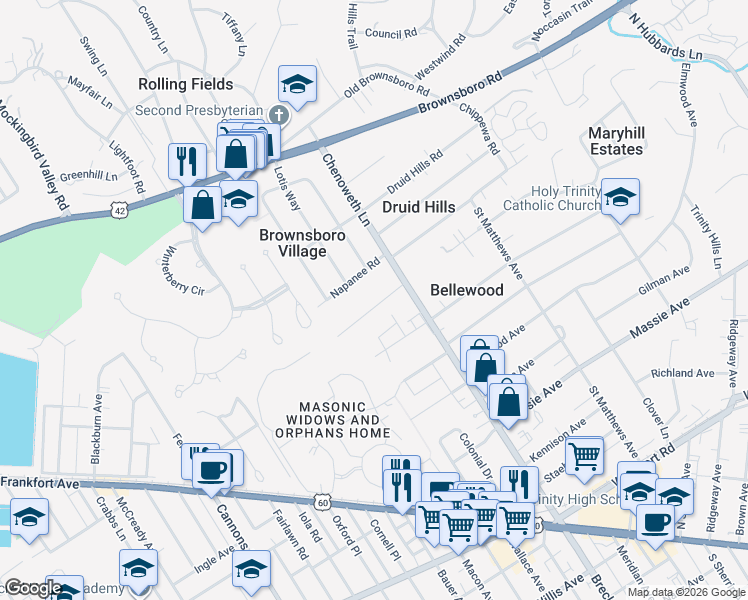 map of restaurants, bars, coffee shops, grocery stores, and more near 3825 Ormond Road in Louisville