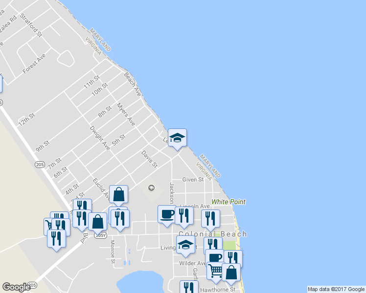 map of restaurants, bars, coffee shops, grocery stores, and more near 1001 Lee Street in Colonial Beach