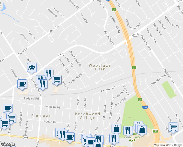 map of restaurants, bars, coffee shops, grocery stores, and more near 4305 Kinloch Road in Louisville