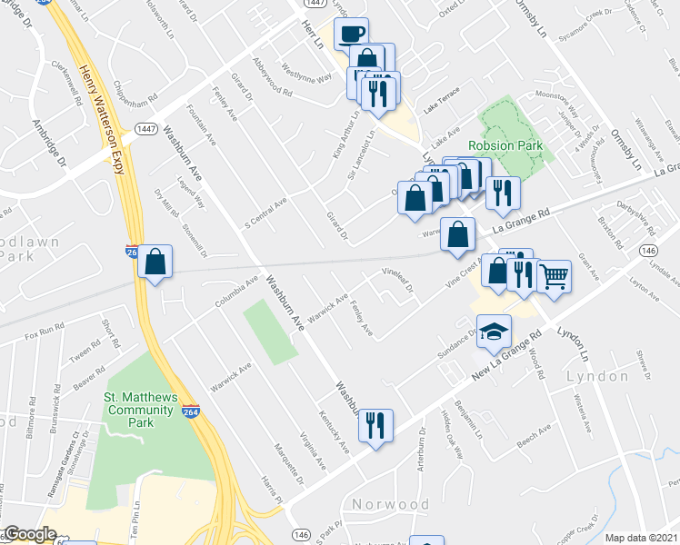 map of restaurants, bars, coffee shops, grocery stores, and more near 611 Fenley Avenue in Louisville