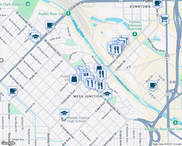 map of restaurants, bars, coffee shops, grocery stores, and more near 128 Midway Avenue in Pueblo