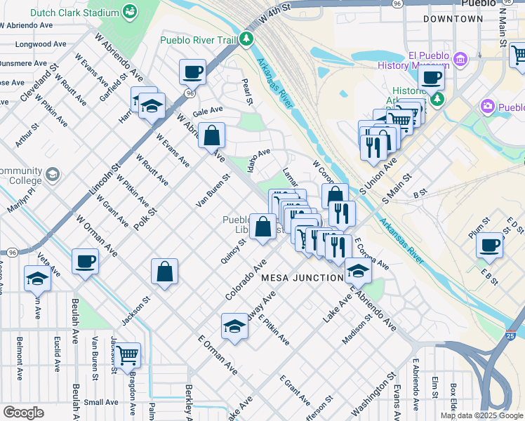 map of restaurants, bars, coffee shops, grocery stores, and more near 107 Quincy Street in Pueblo