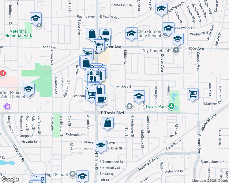 map of restaurants, bars, coffee shops, grocery stores, and more near 1666 Glenmore Drive in Fairfield