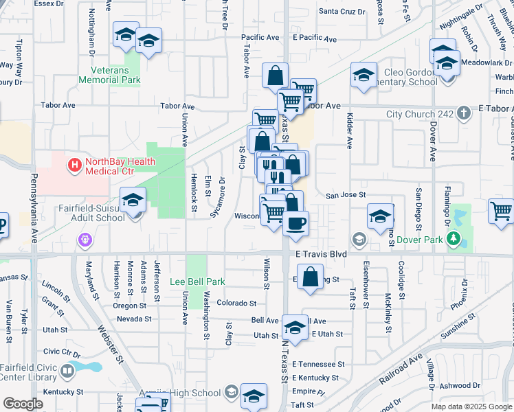 map of restaurants, bars, coffee shops, grocery stores, and more near 1707 Arthur Court in Fairfield