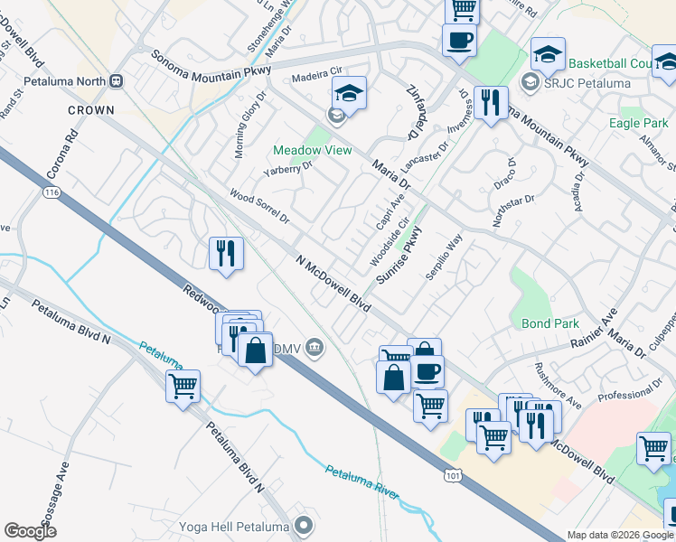 map of restaurants, bars, coffee shops, grocery stores, and more near 109 Hansen Way in Petaluma