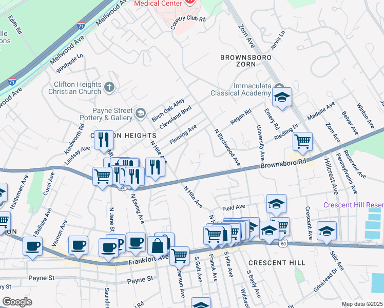 map of restaurants, bars, coffee shops, grocery stores, and more near 318 Ridgedale Road in Louisville