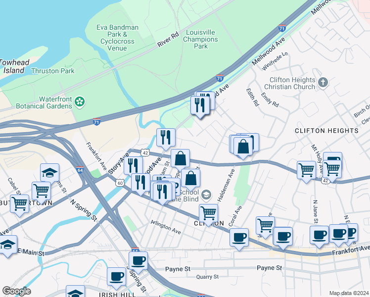 map of restaurants, bars, coffee shops, grocery stores, and more near 1924 Muncie Avenue in Louisville