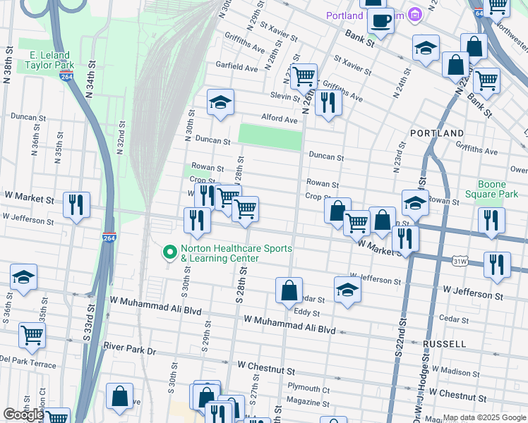 map of restaurants, bars, coffee shops, grocery stores, and more near 2714 West Main Street in Louisville