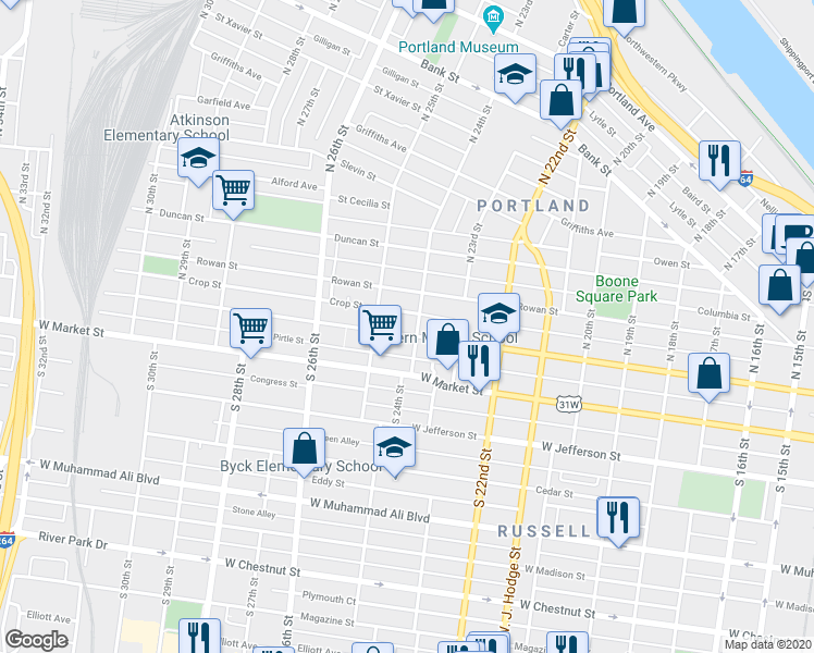 map of restaurants, bars, coffee shops, grocery stores, and more near 2407 West Main Street in Louisville