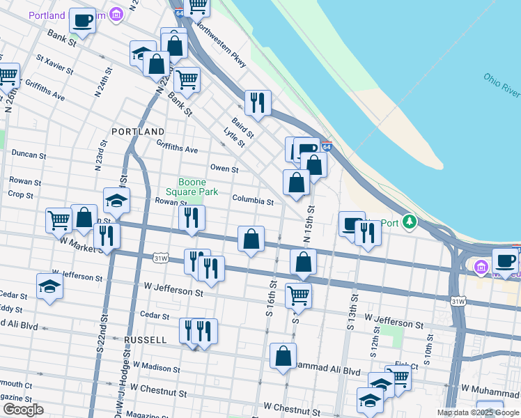 map of restaurants, bars, coffee shops, grocery stores, and more near 1633 Rowan Street in Louisville