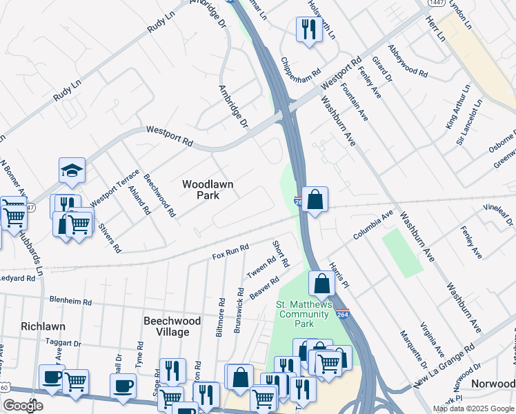 map of restaurants, bars, coffee shops, grocery stores, and more near 6838 Green Meadow Circle in Louisville