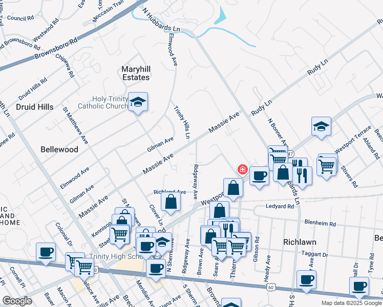 map of restaurants, bars, coffee shops, grocery stores, and more near 356 Ridgeway Avenue in Louisville