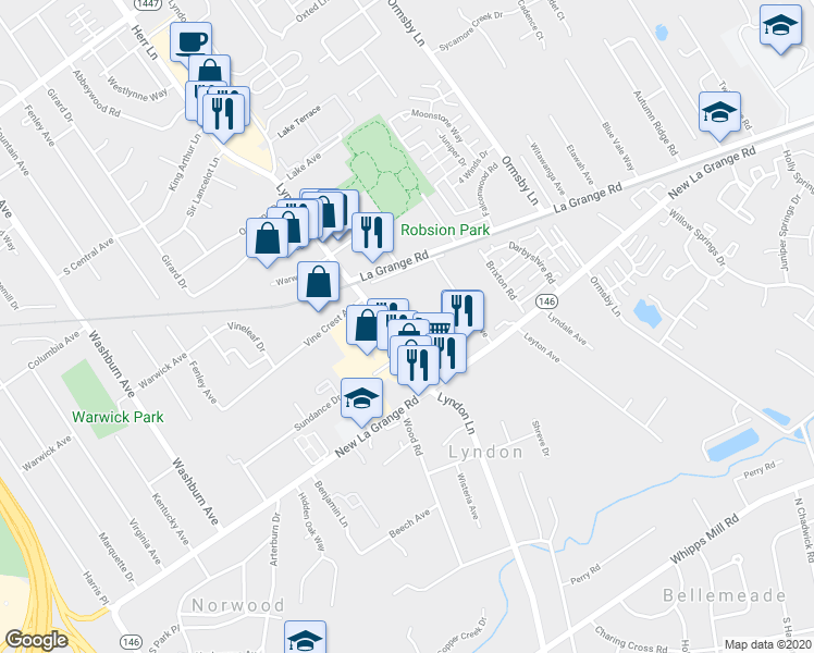 map of restaurants, bars, coffee shops, grocery stores, and more near 707 Lyndon Ln in Louisville