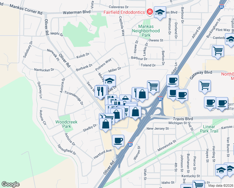 map of restaurants, bars, coffee shops, grocery stores, and more near 1625 Woodcreek Drive in Fairfield