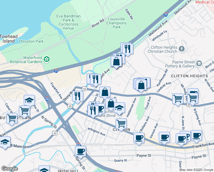 map of restaurants, bars, coffee shops, grocery stores, and more near 1924 Muncie Avenue in Louisville