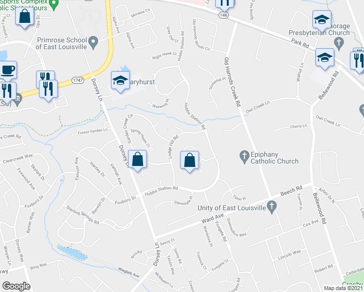 map of restaurants, bars, coffee shops, grocery stores, and more near 10815 Golden Maple Place in Louisville