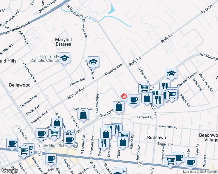 map of restaurants, bars, coffee shops, grocery stores, and more near 4113 Dellridge Drive in Louisville