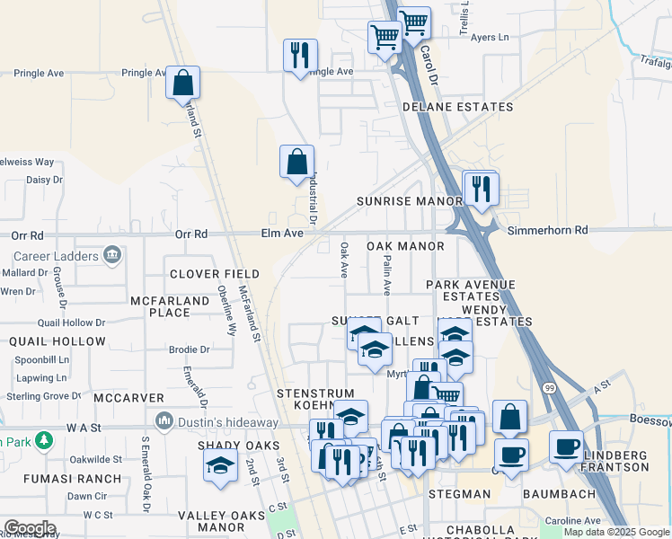 map of restaurants, bars, coffee shops, grocery stores, and more near 326 Oak Avenue in Galt