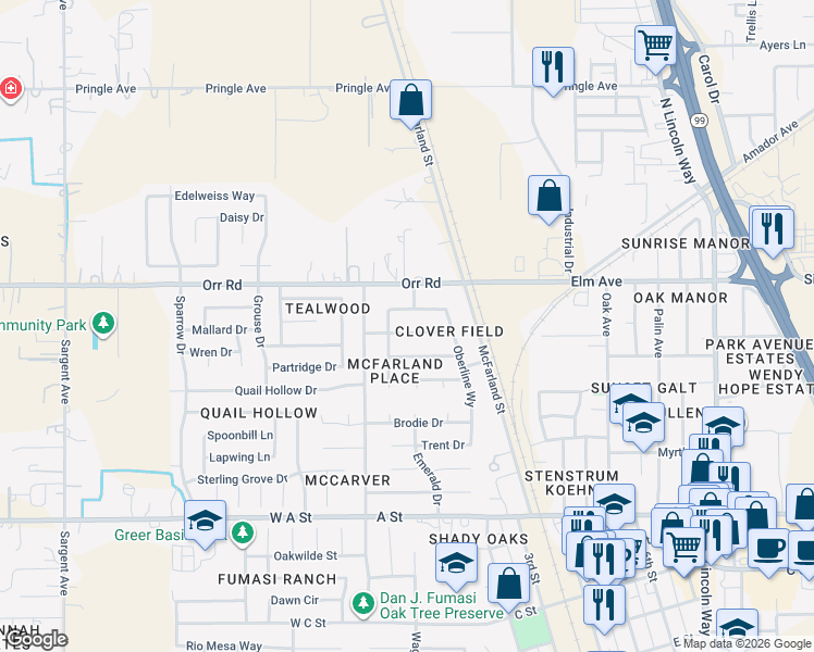 map of restaurants, bars, coffee shops, grocery stores, and more near 83 Rossi Drive in Galt