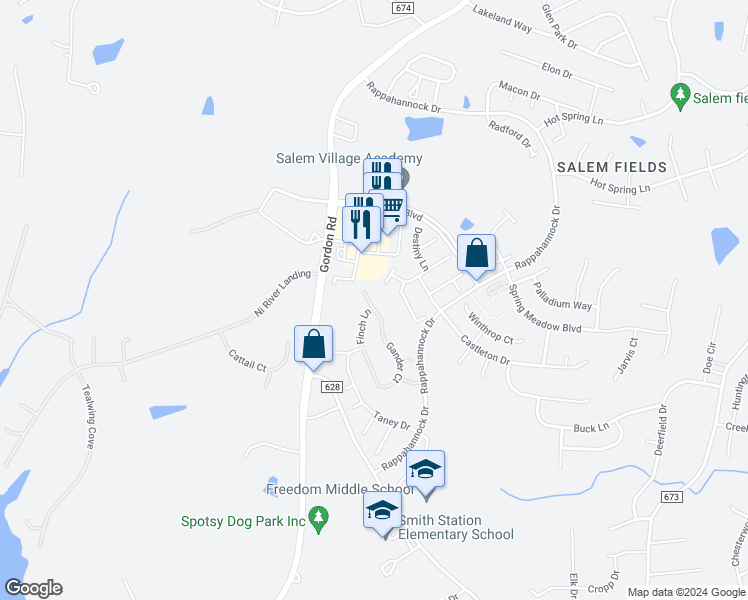 map of restaurants, bars, coffee shops, grocery stores, and more near 11217 Gander Court in Fredericksburg