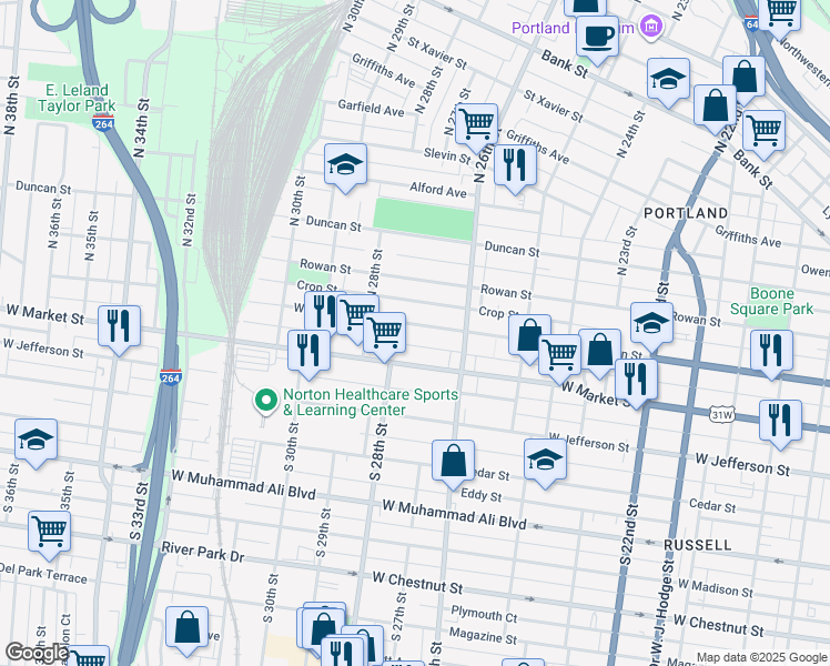 map of restaurants, bars, coffee shops, grocery stores, and more near 2714 West Main Street in Louisville