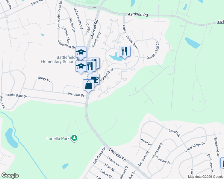 map of restaurants, bars, coffee shops, grocery stores, and more near 11201 Salem Village Drive in Fredericksburg