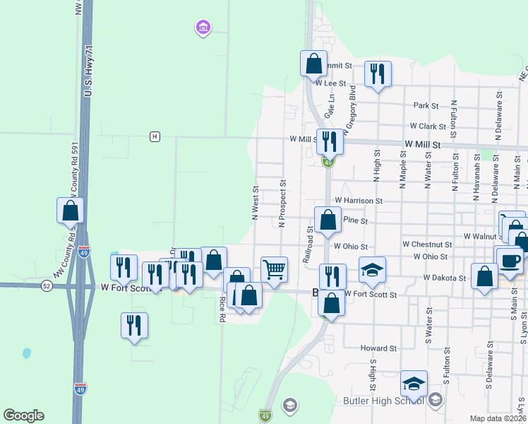 map of restaurants, bars, coffee shops, grocery stores, and more near 810 West Pine Street in Butler