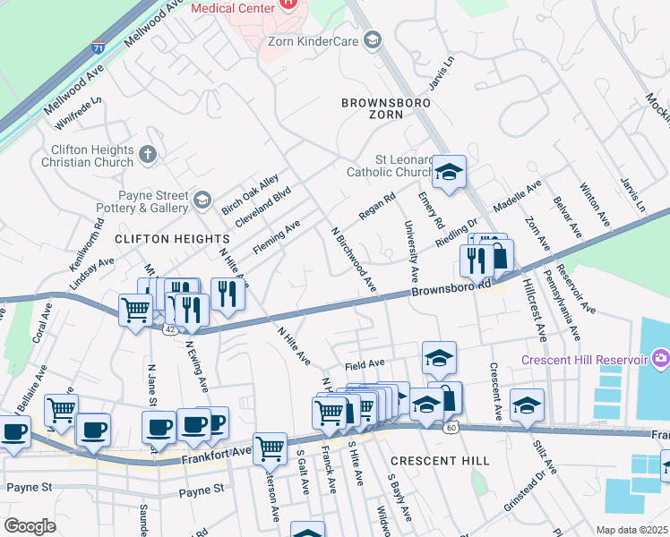 map of restaurants, bars, coffee shops, grocery stores, and more near 2713 Riedling Drive in Louisville