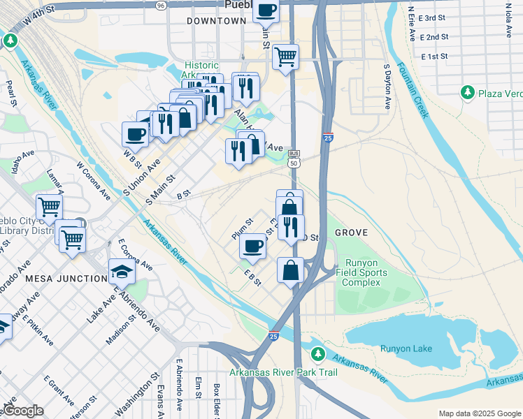 map of restaurants, bars, coffee shops, grocery stores, and more near 600 East D Street in Pueblo
