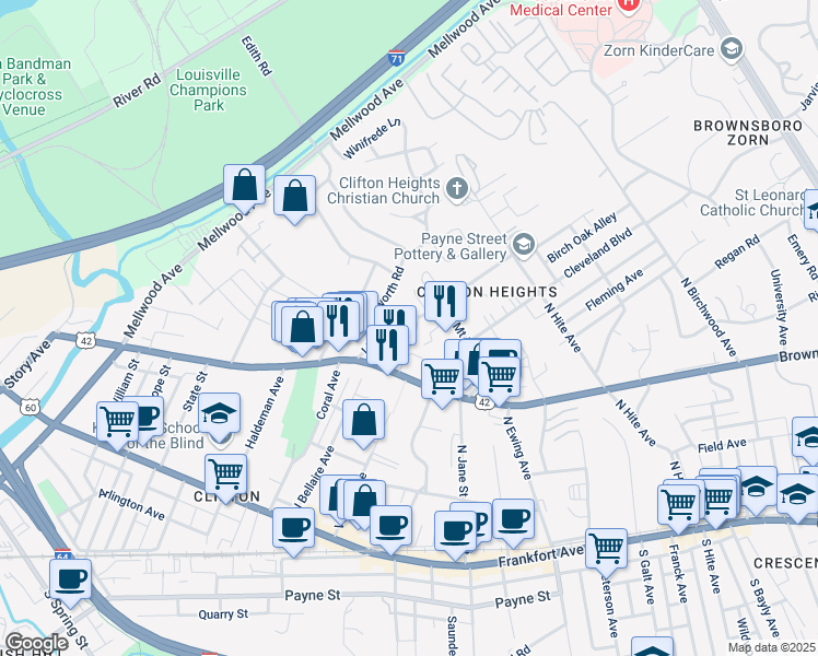 map of restaurants, bars, coffee shops, grocery stores, and more near 408 Lindsay Court in Louisville