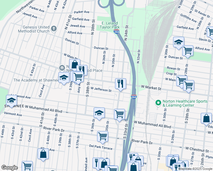 map of restaurants, bars, coffee shops, grocery stores, and more near 3514 West Market Street in Louisville