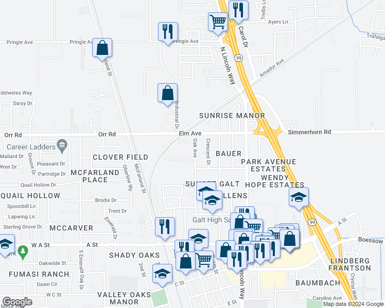 map of restaurants, bars, coffee shops, grocery stores, and more near 326 Oak Avenue in Galt
