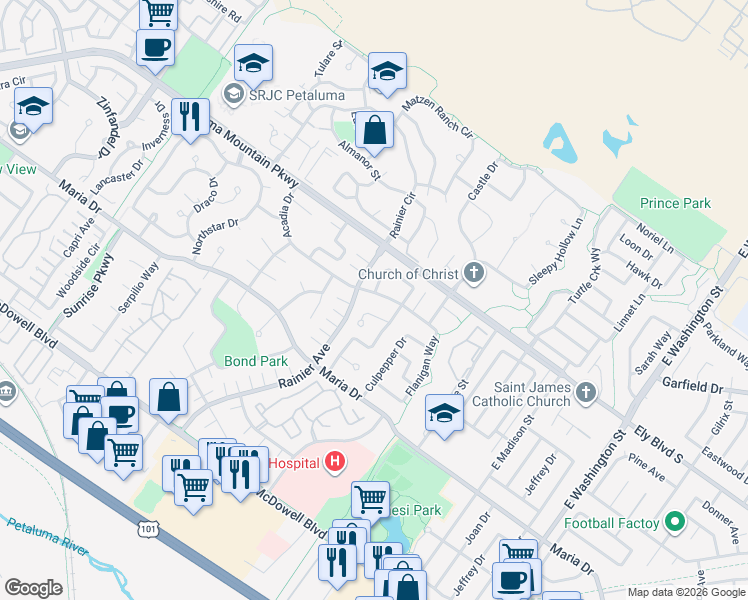 map of restaurants, bars, coffee shops, grocery stores, and more near 433 Acadia Drive in Petaluma