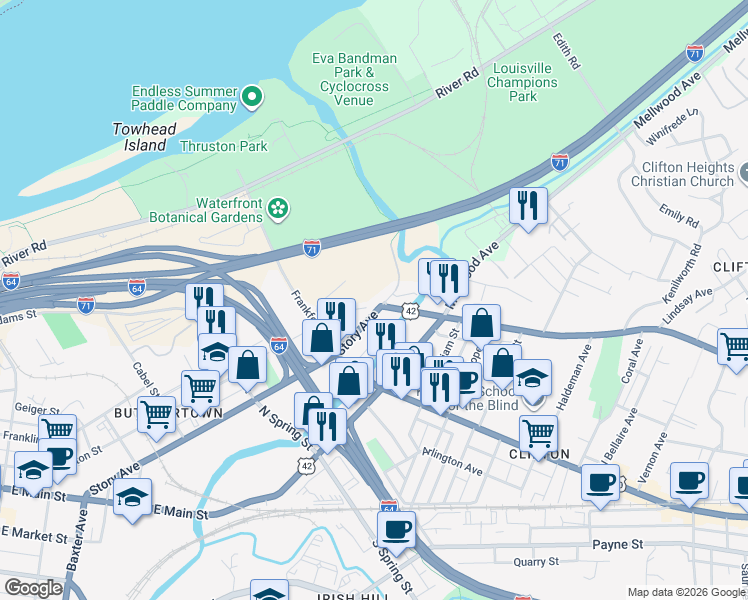 map of restaurants, bars, coffee shops, grocery stores, and more near 1635 Story Avenue in Louisville