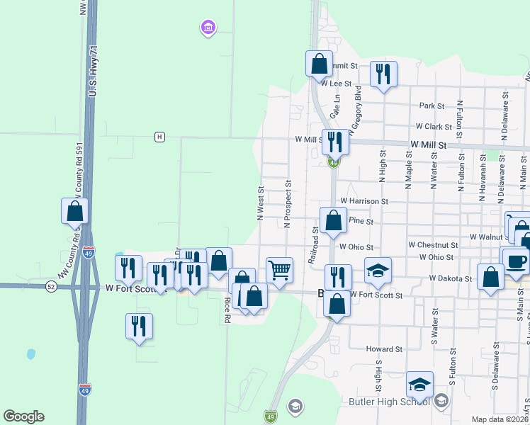 map of restaurants, bars, coffee shops, grocery stores, and more near 810 West Pine Street in Butler