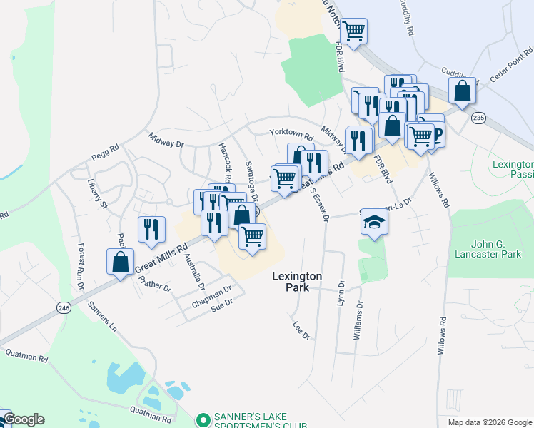 map of restaurants, bars, coffee shops, grocery stores, and more near 21610 Great Mills Road in Lexington Park