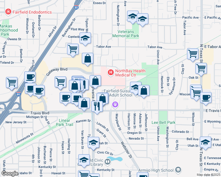 map of restaurants, bars, coffee shops, grocery stores, and more near 1189 Dana Drive in Fairfield