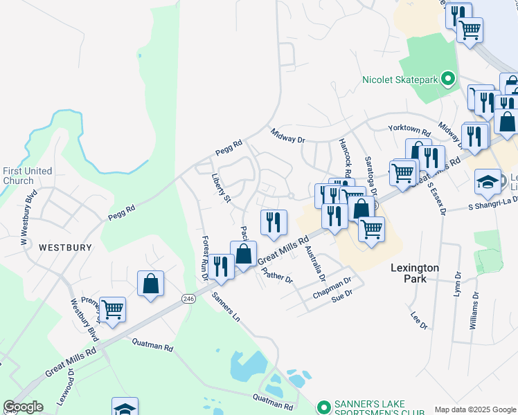 map of restaurants, bars, coffee shops, grocery stores, and more near 46353 Columbus Drive in Lexington Park