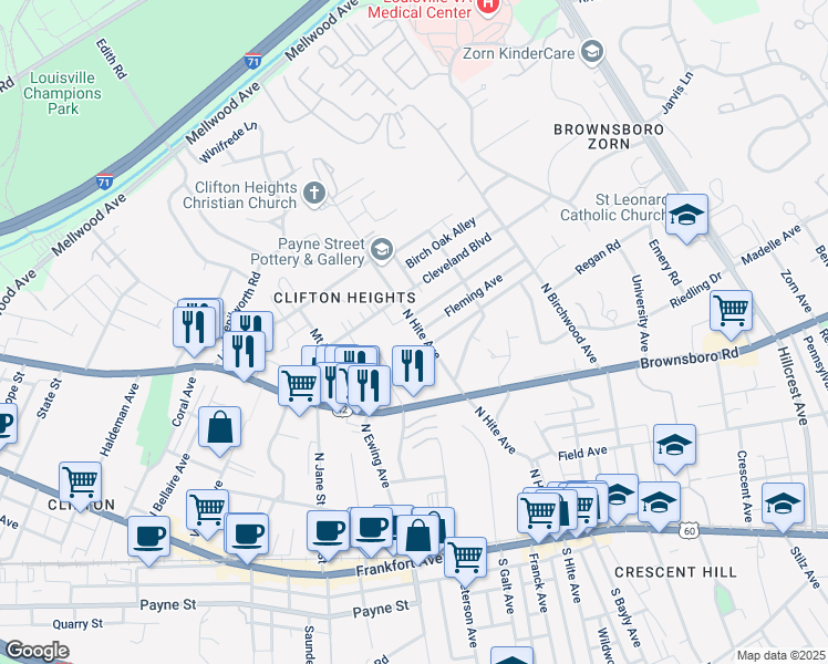 map of restaurants, bars, coffee shops, grocery stores, and more near 428 North Hite Avenue in Louisville