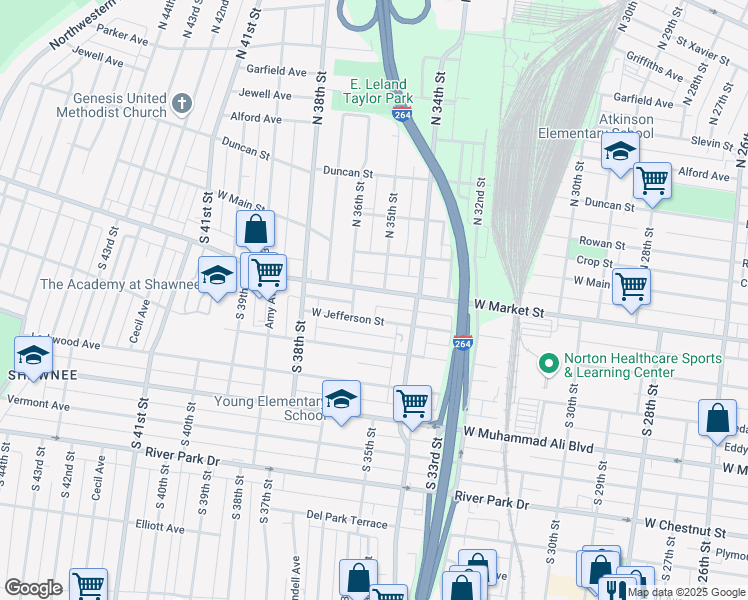 map of restaurants, bars, coffee shops, grocery stores, and more near 3514 West Market Street in Louisville