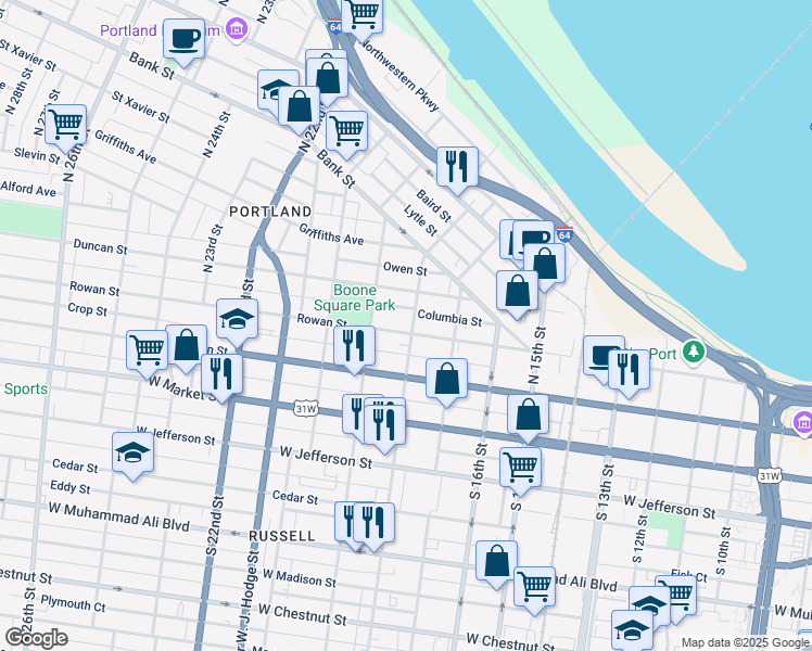 map of restaurants, bars, coffee shops, grocery stores, and more near 1725 Rowan Street in Louisville