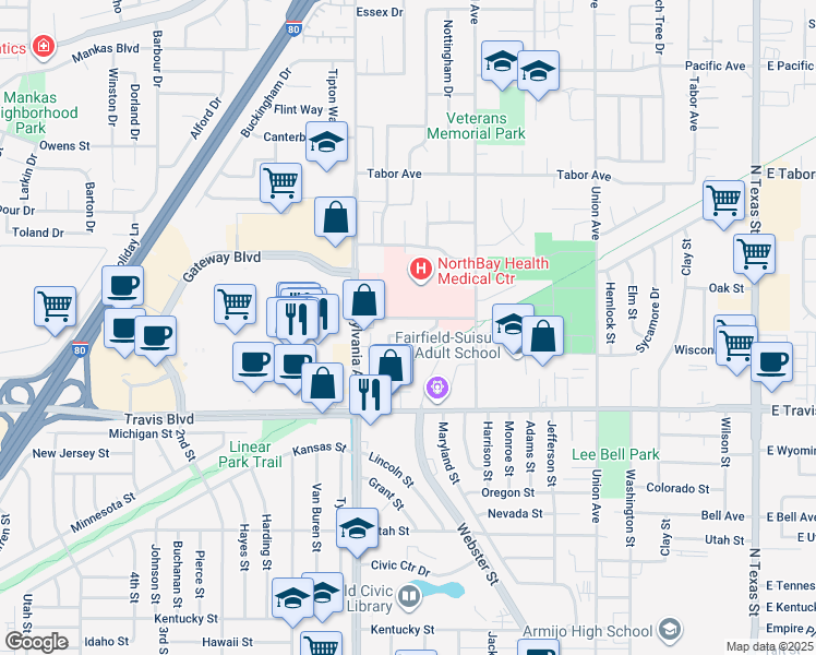 map of restaurants, bars, coffee shops, grocery stores, and more near 1189 Dana Drive in Fairfield