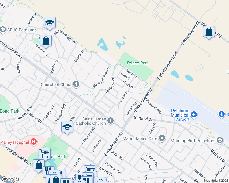 map of restaurants, bars, coffee shops, grocery stores, and more near 388 Sparrow Lane in Petaluma