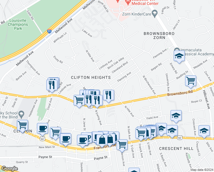 map of restaurants, bars, coffee shops, grocery stores, and more near 2607 Le Blanc Court in Louisville