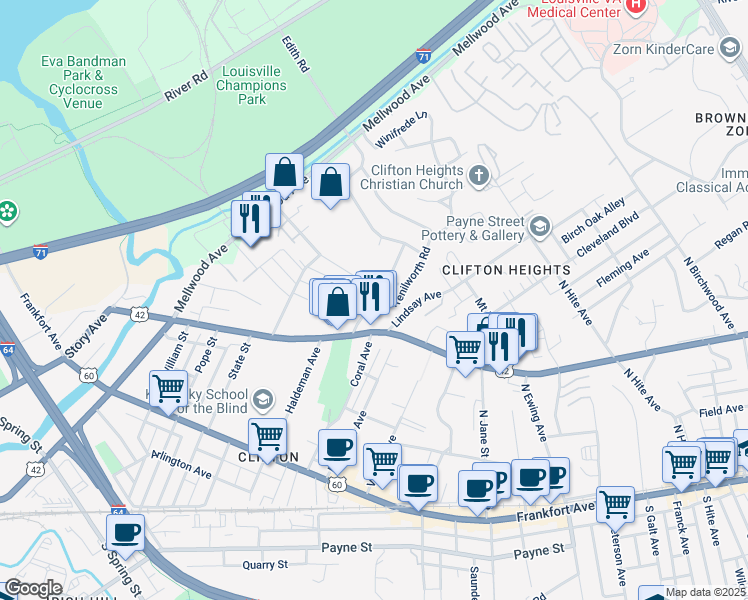 map of restaurants, bars, coffee shops, grocery stores, and more near 324 Kenilworth Road in Louisville